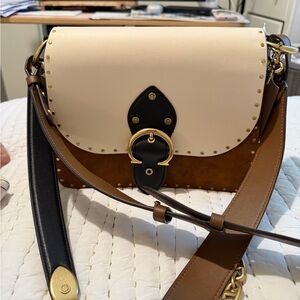 Coach Cream and Brown Crossbody Bag with Gold Accents